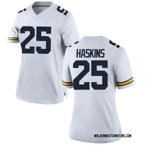 Women's Hassan Haskins Michigan Wolverines Replica White Brand Jordan Football College Jersey